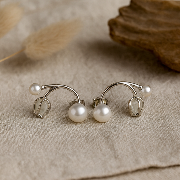 Silver Dual Pearl Curve Stud Earrings