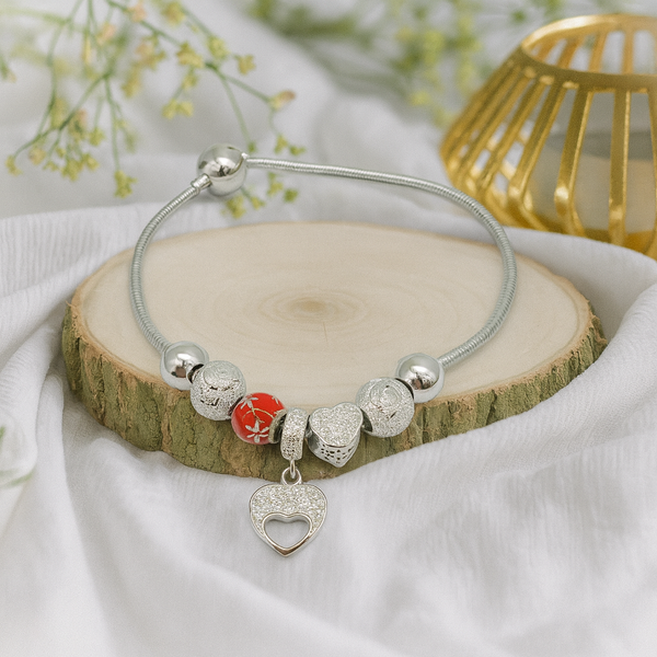 Silver Heart Charm Bead Bracelet