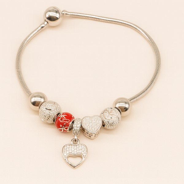 Silver Heart Charm Bead Bracelet