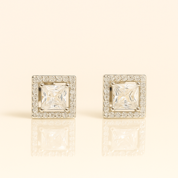 Silver Square Halo  Stud Earrings