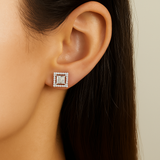 Silver Square Halo  Stud Earrings