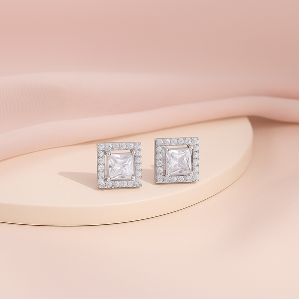 Silver Square Halo  Stud Earrings