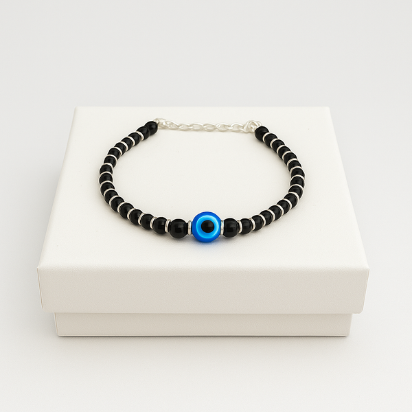 Blue Evil Eye Black Beads  Silver Bracelet