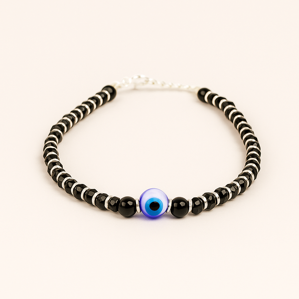 Blue Evil Eye Black Beads  Silver Bracelet