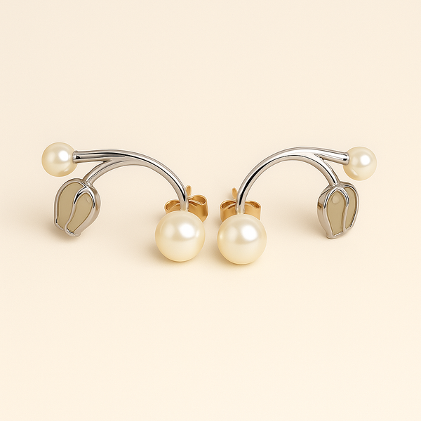 Silver Dual Pearl Curve Stud Earrings