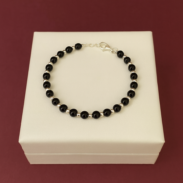 Black Stone Beads  Silver Bracelet